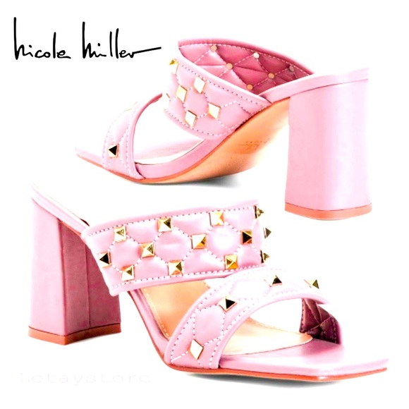 NICOLE MILLER Block Square-toe Studded Heel In Blush - Picture 5 of 11